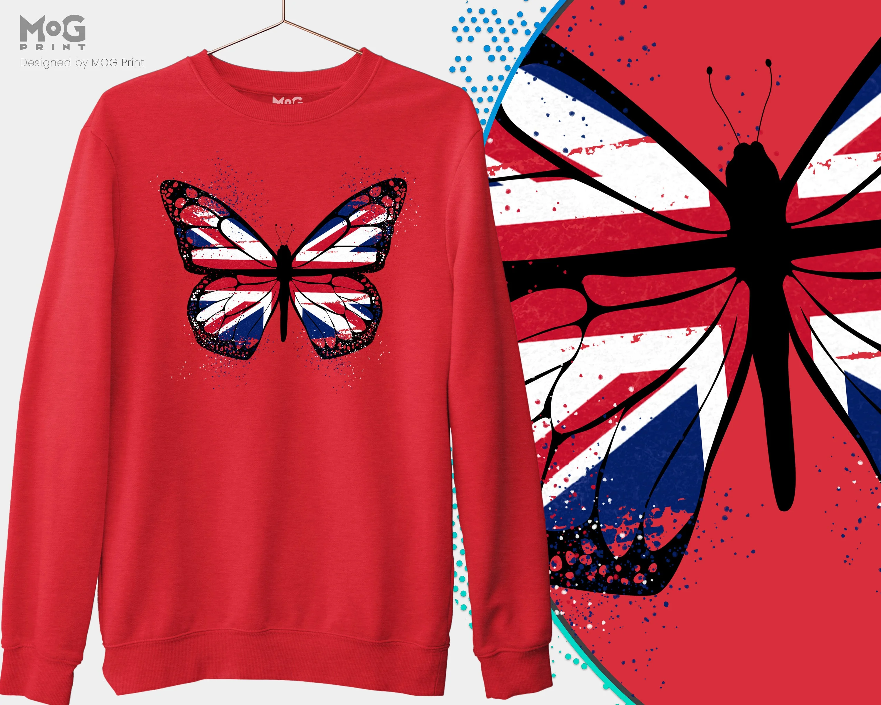 Butterfly UK Flag Printed Sweatshirt, Union Jack Britain Hooded Jumper, Patriotic England Sweater for Him Her, Traveler Pullover Long Sleeve Sweatshirt - Image 3