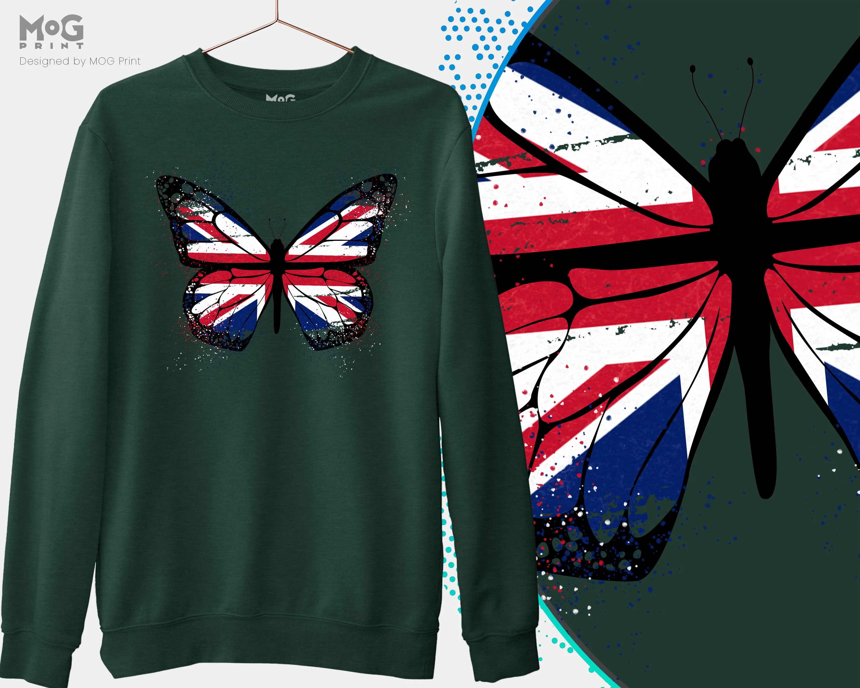 Butterfly UK Flag Printed Sweatshirt, Union Jack Britain Hooded Jumper, Patriotic England Sweater for Him Her, Traveler Pullover Long Sleeve Sweatshirt - Image 4