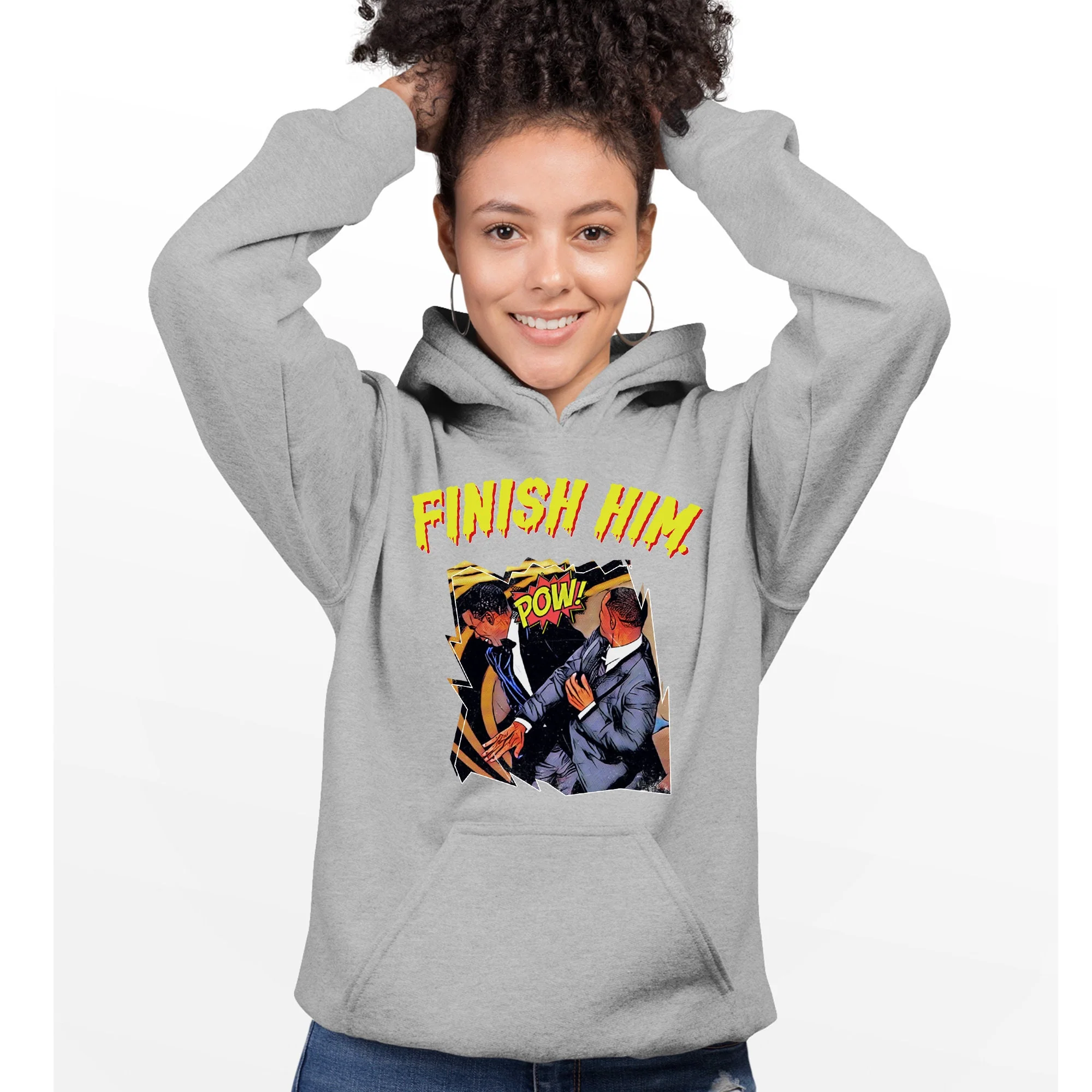 FINISH HIM Will Smith Slap Hoodie, Chris Rock Smack Meme Joke, Funny Hoody for Him Her, Will Smith Chris Rock Comic Parody, Unisex Sizes - Image 3